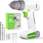 WORKPRO 12V cordless drill driver set with 6 bits, pink/white body, green grip