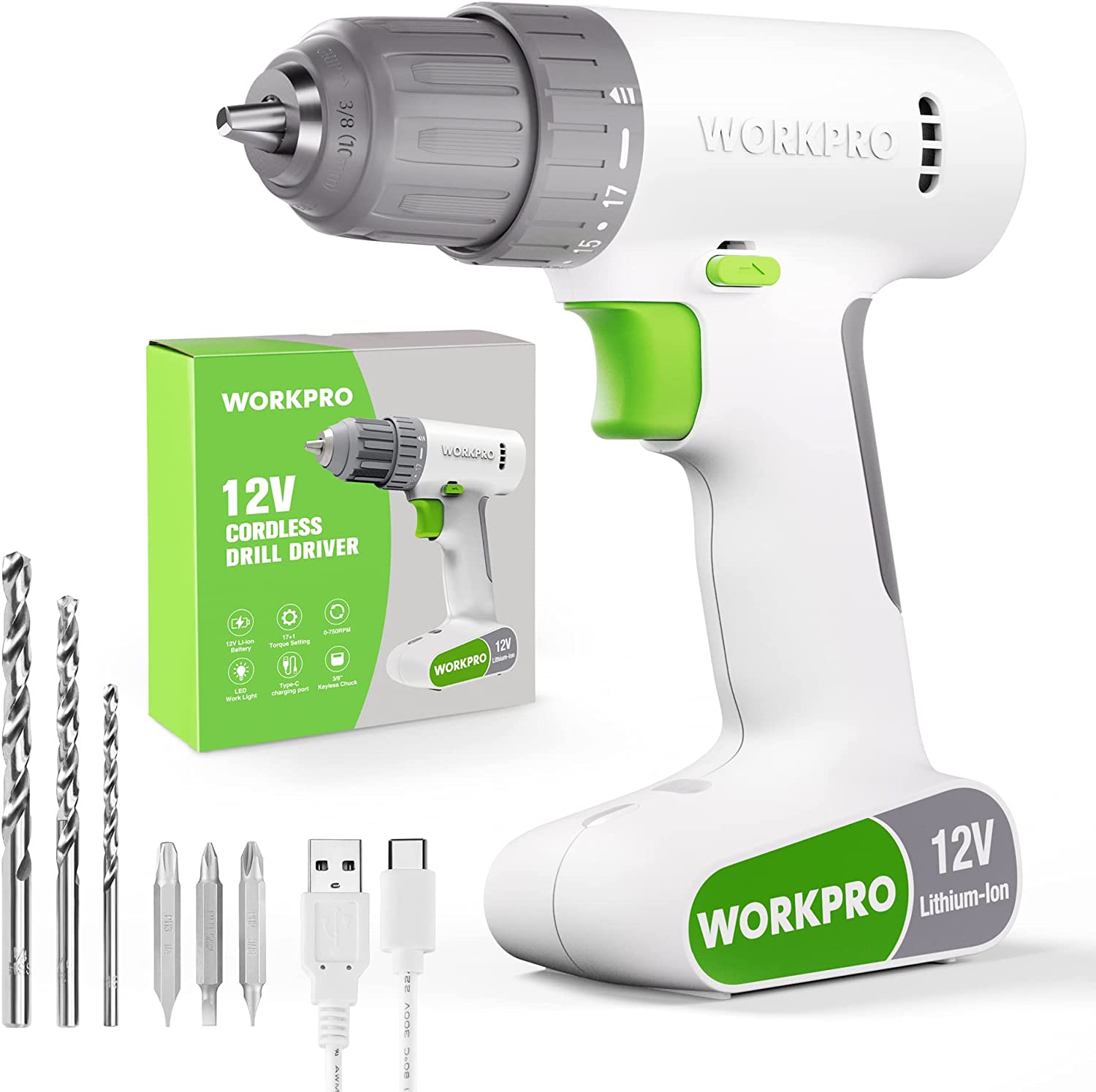 WORKPRO 12V cordless drill driver set with 6 bits, pink/white body, green grip
