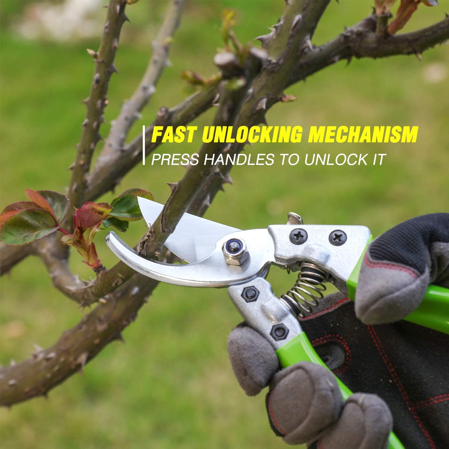 Spring-loaded pruning hand shears with metal blades and padded grip handles
