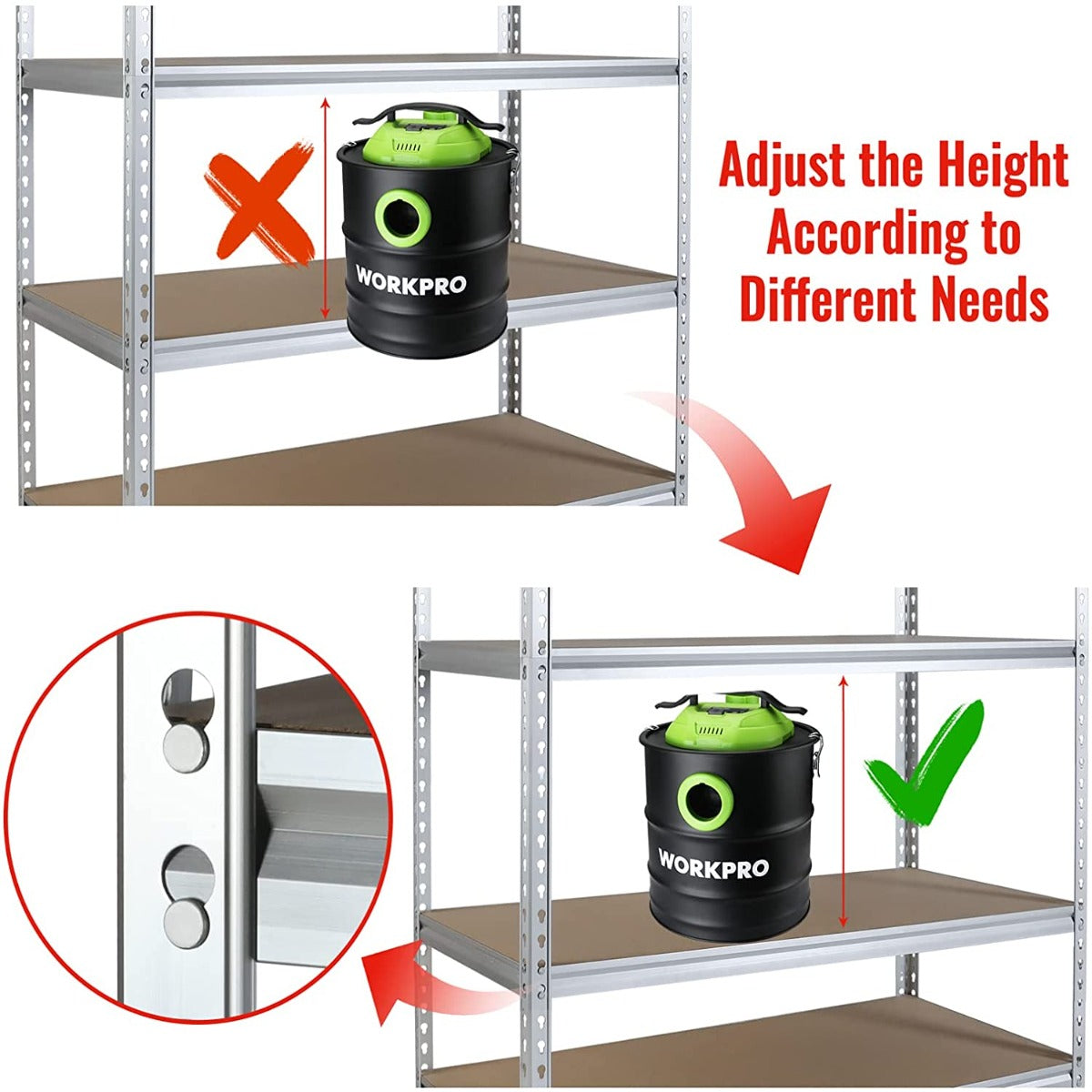Height adjustment mechanism for 5-tier metal shelving with brown particle board shelves