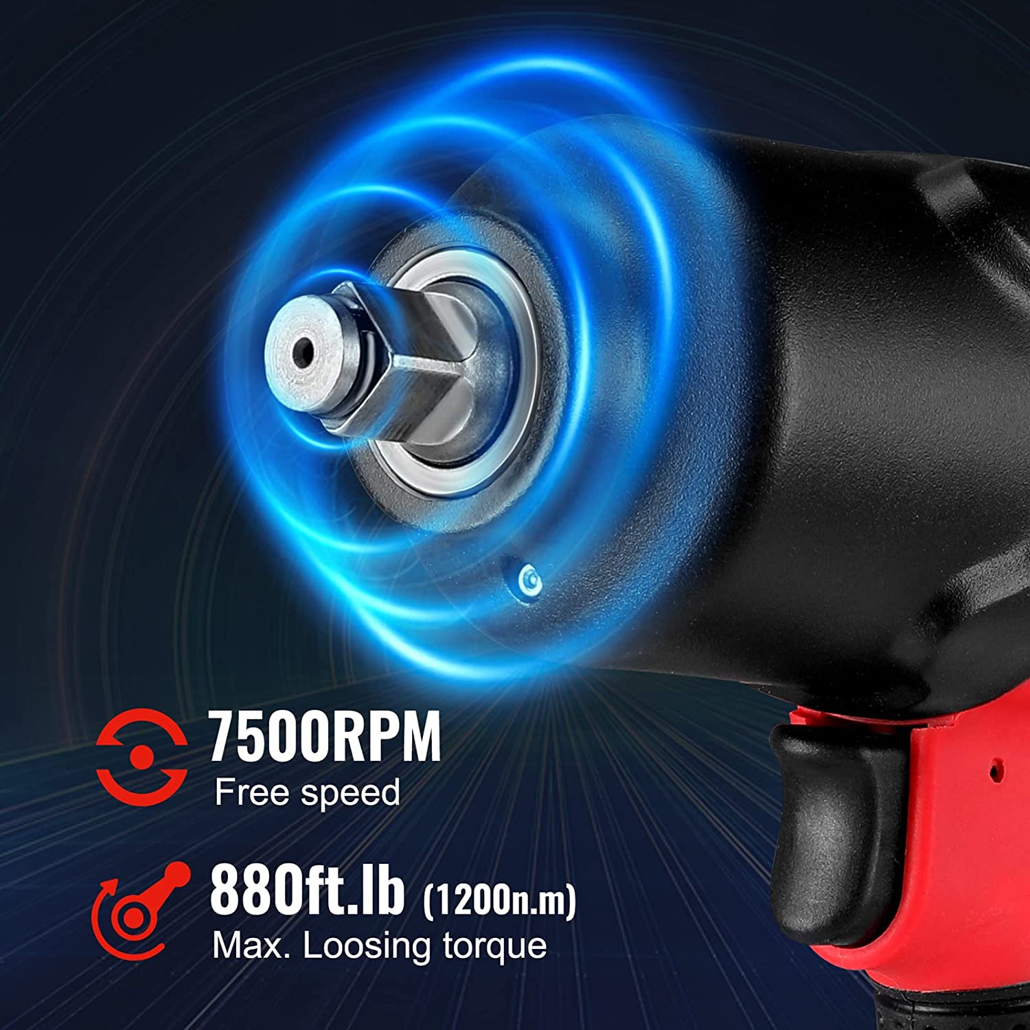 Red and black air impact wrench barrel with glowing airflow ring around anvil