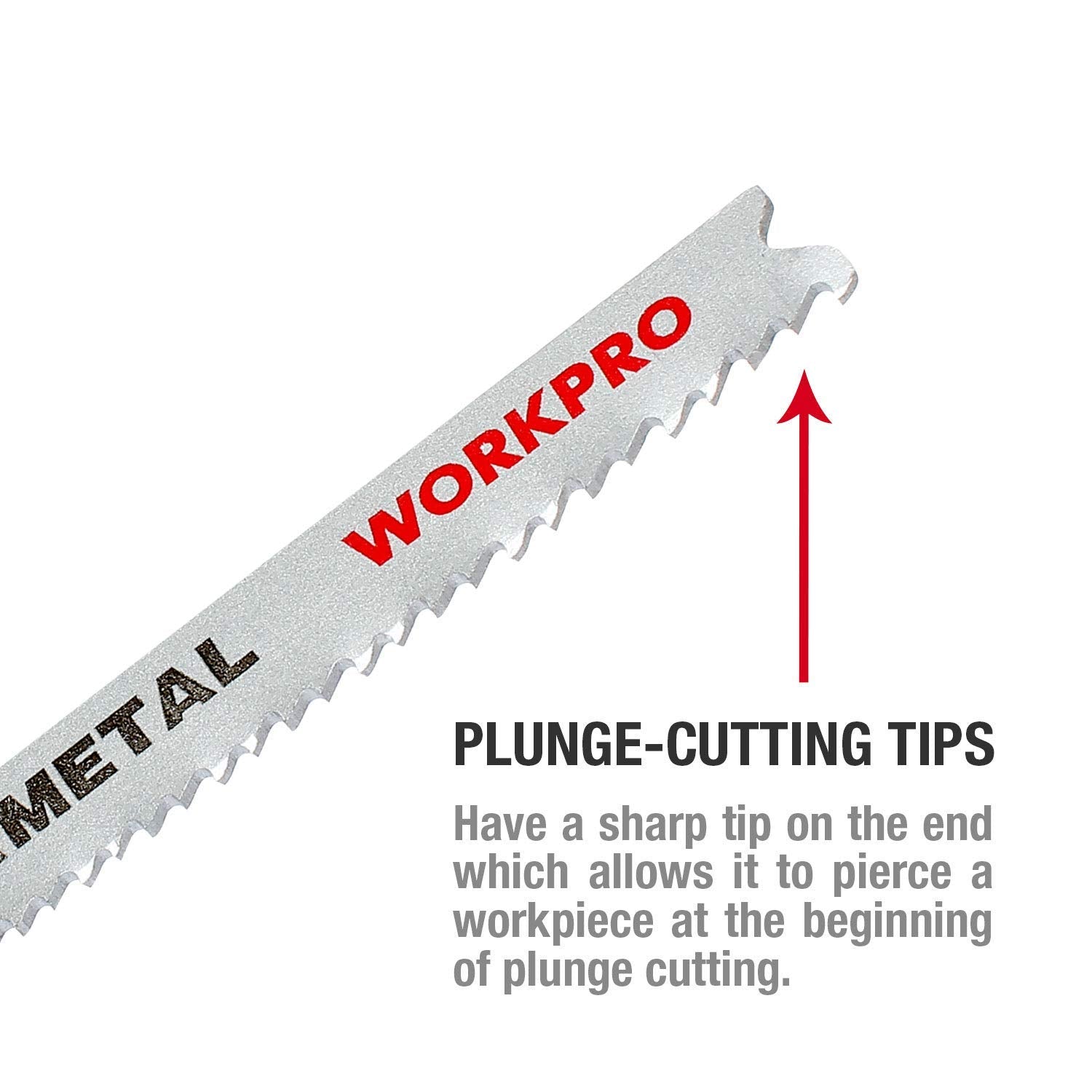 T-shank metal jig saw blade with serrated teeth and WORKPRO marking