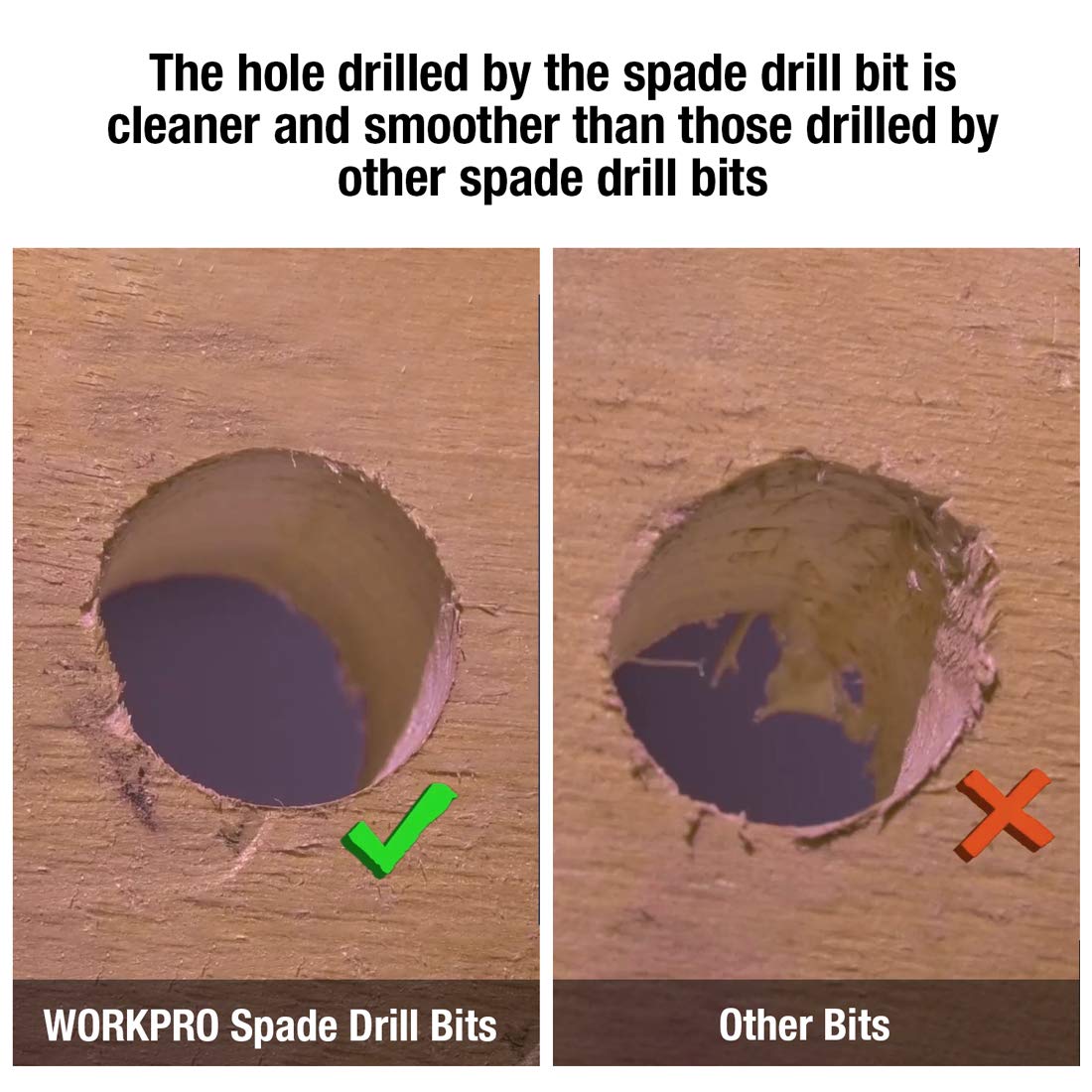 Spade drill bit cutout holes in wood showing cleaner, smoother edges