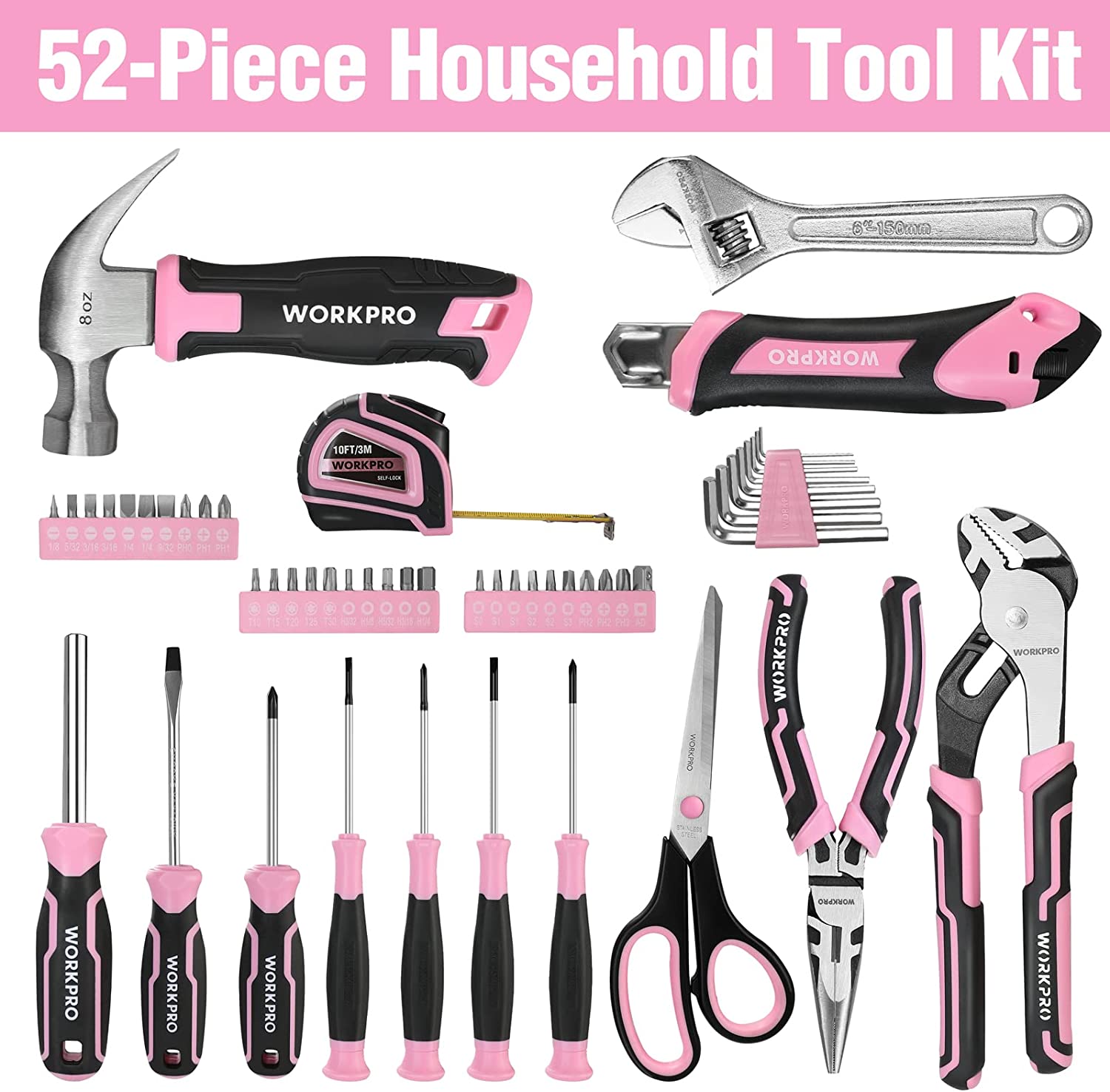 WORKPRO pink 52-piece tool kit with wrenches, screwdrivers, pliers, and bits