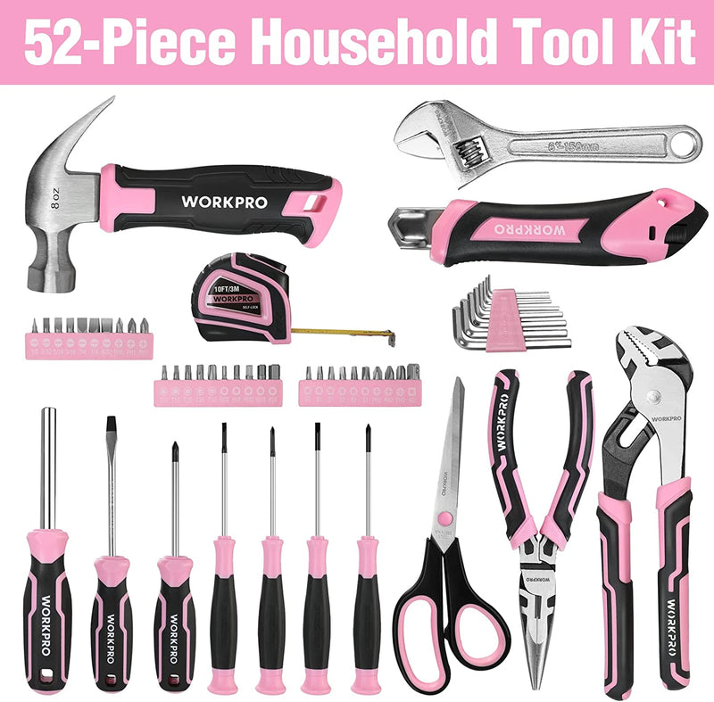 WORKPRO 52 Pcs Pink Tool Set, Home Women's Tool Set with Storage Tool Box, Basic Tool Set - Pink Ribbon