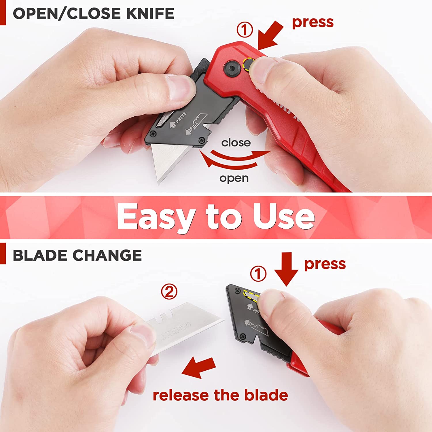 Red and black folding utility knife with hands opening and closing the blade