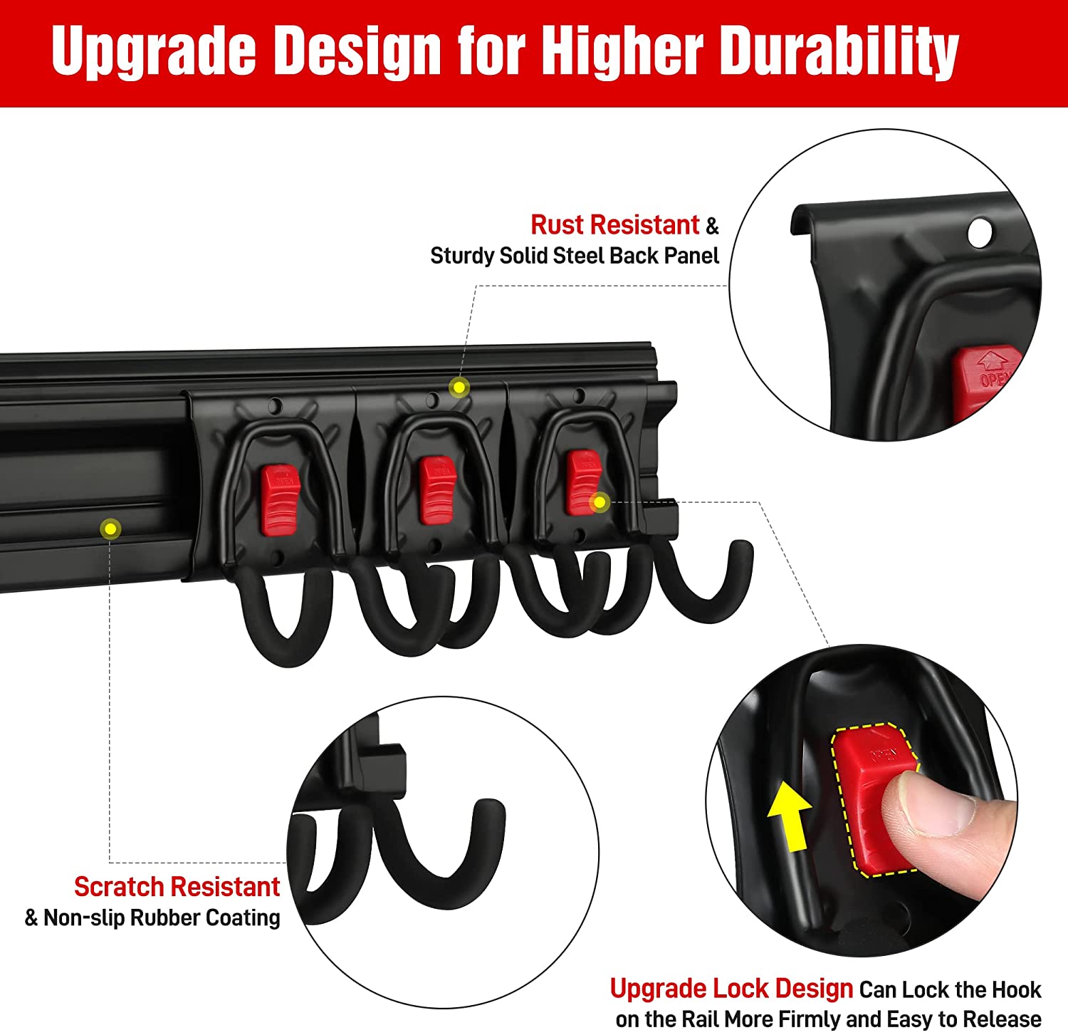 Black heavy-duty tool organizer rail with multiple curved hooks and red accent latches