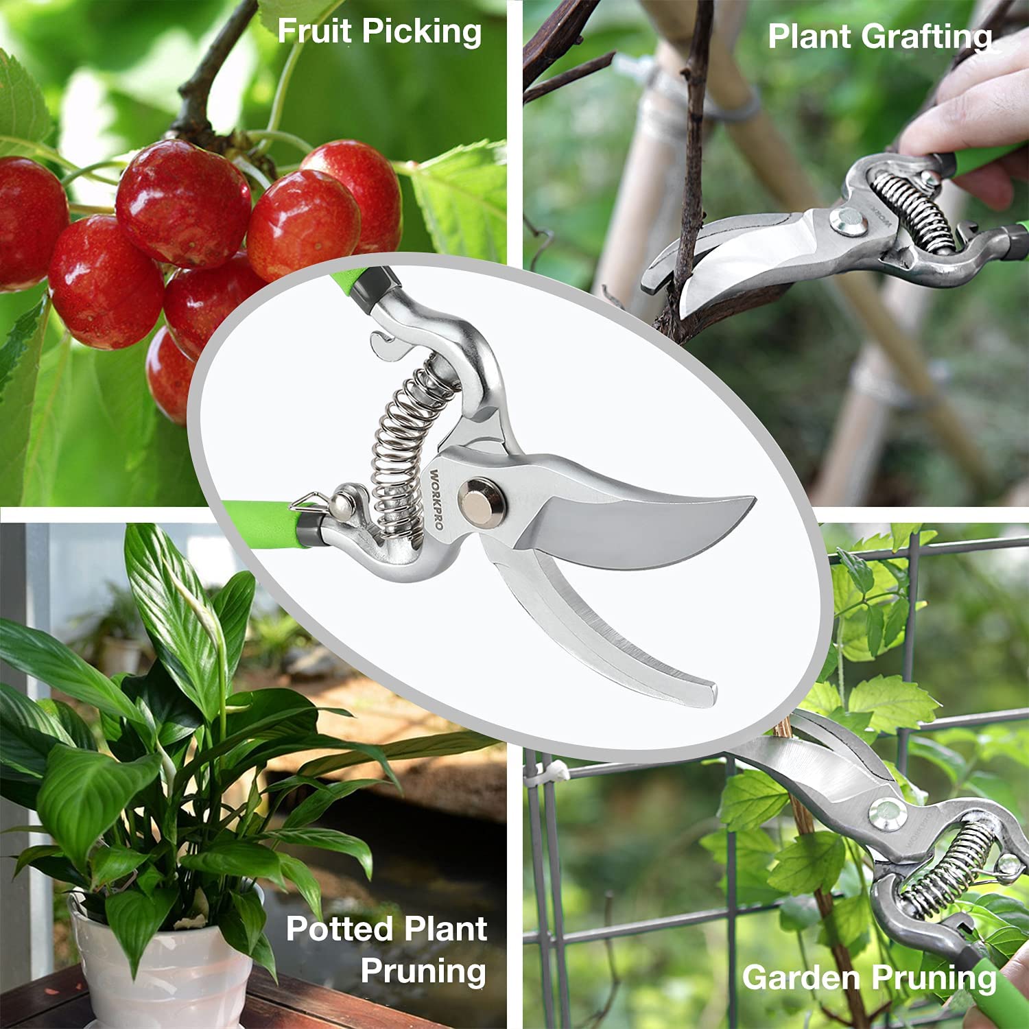 Pruning shears with green handles and spring-loaded silver cutting blades