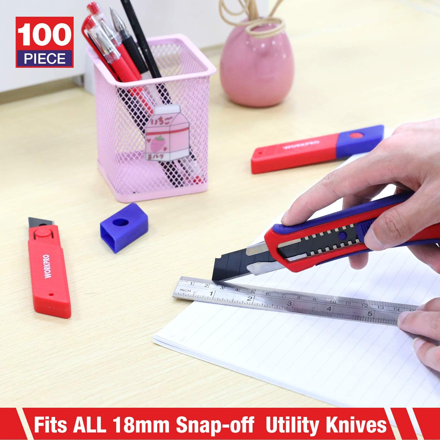 Pack of 100 snap-off replacement blades, shown with red-and-blue utility knife