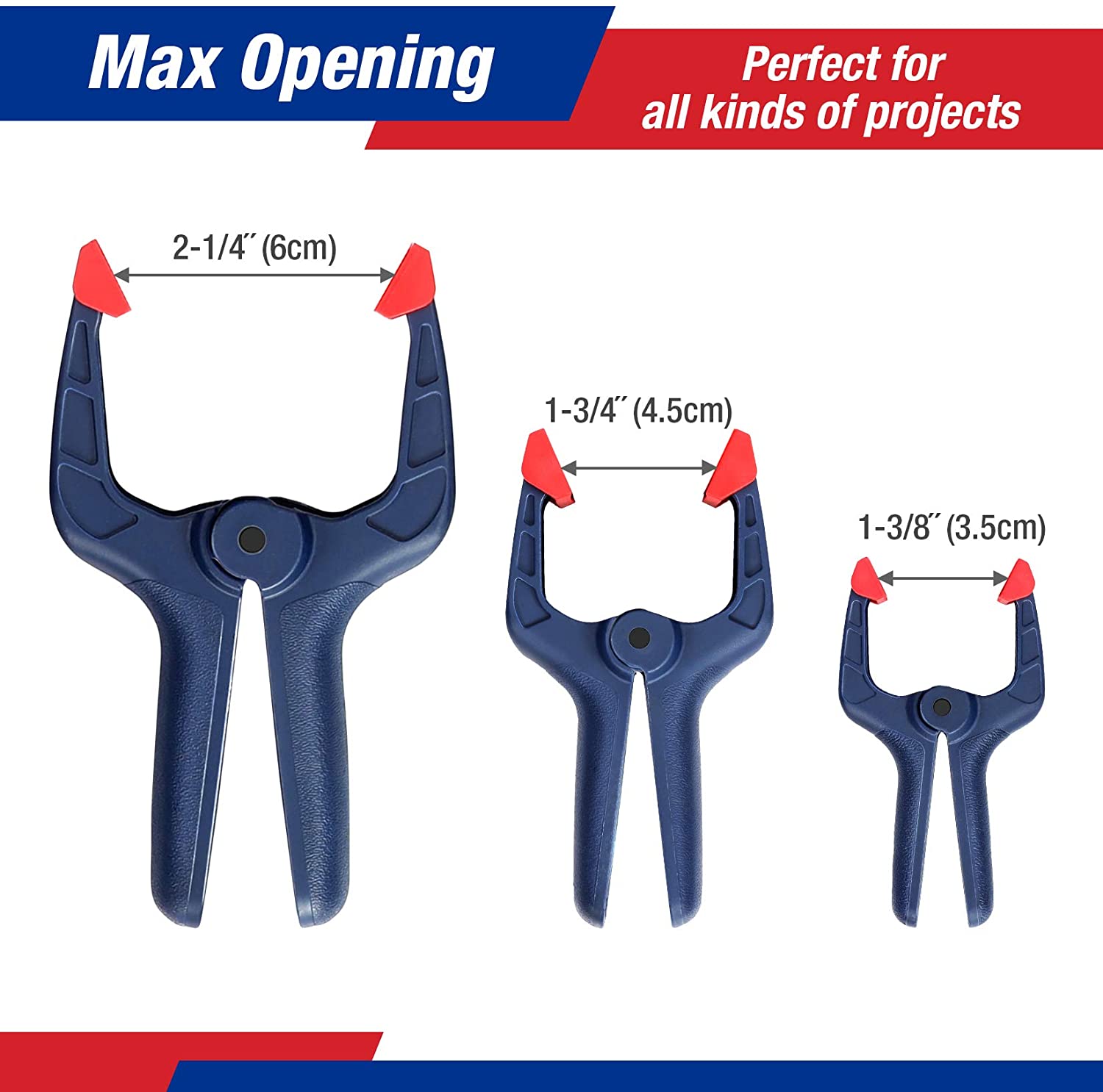 Set of blue spring clamps with red tips, shown with varying maximum openings