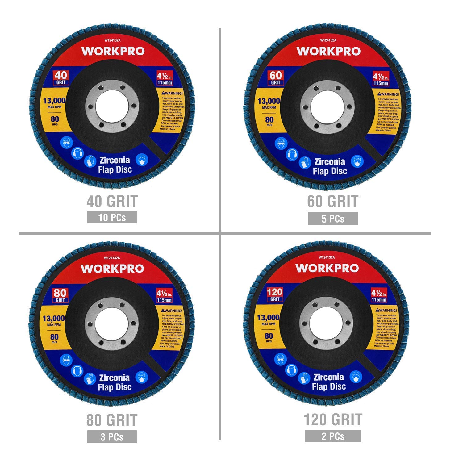 Assorted zirconia flap discs with blue flaps—40, 60, 80, and 120 grit