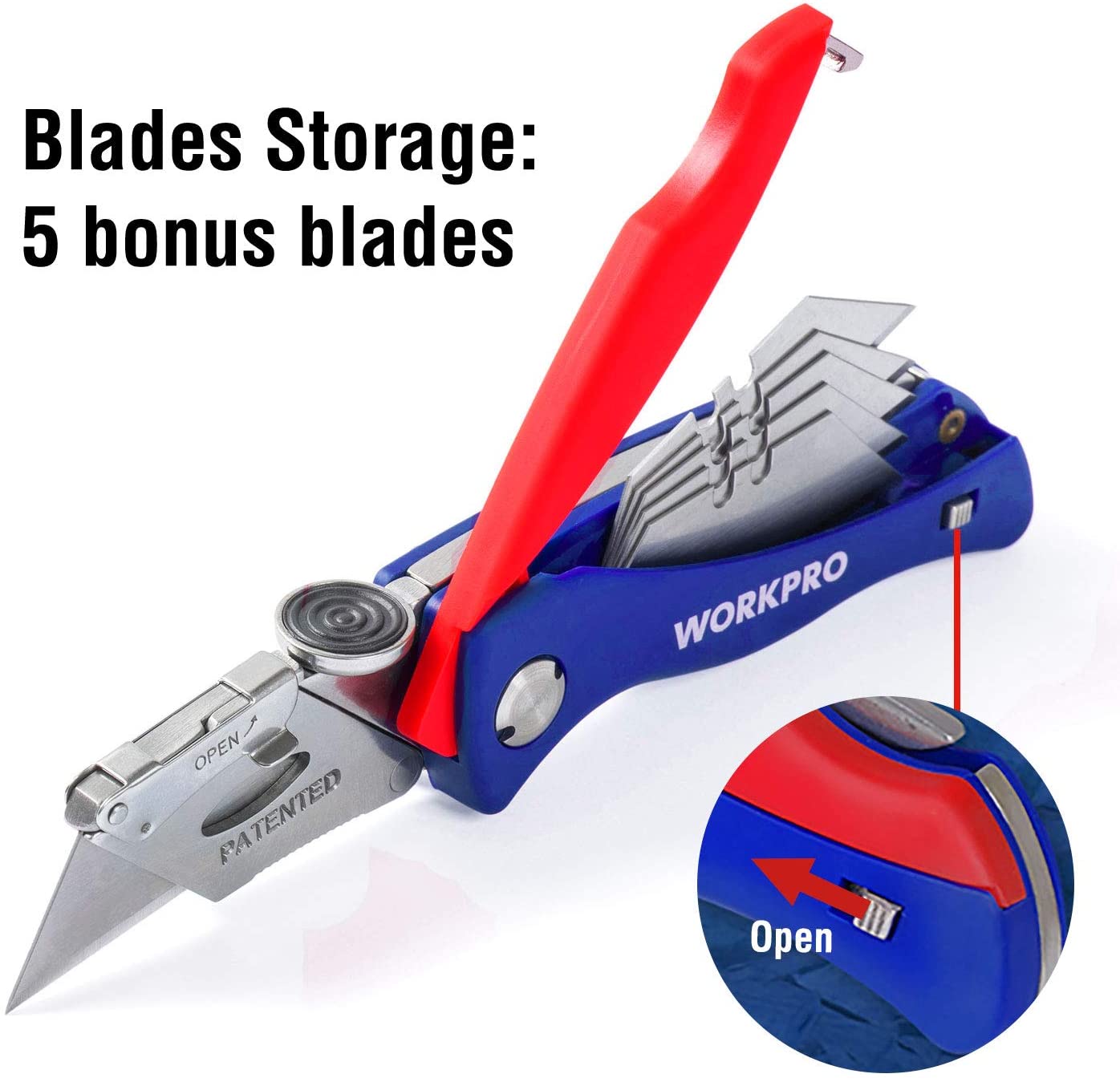 Folding utility knife with blue-and-red handle, open blade storage with spare blades