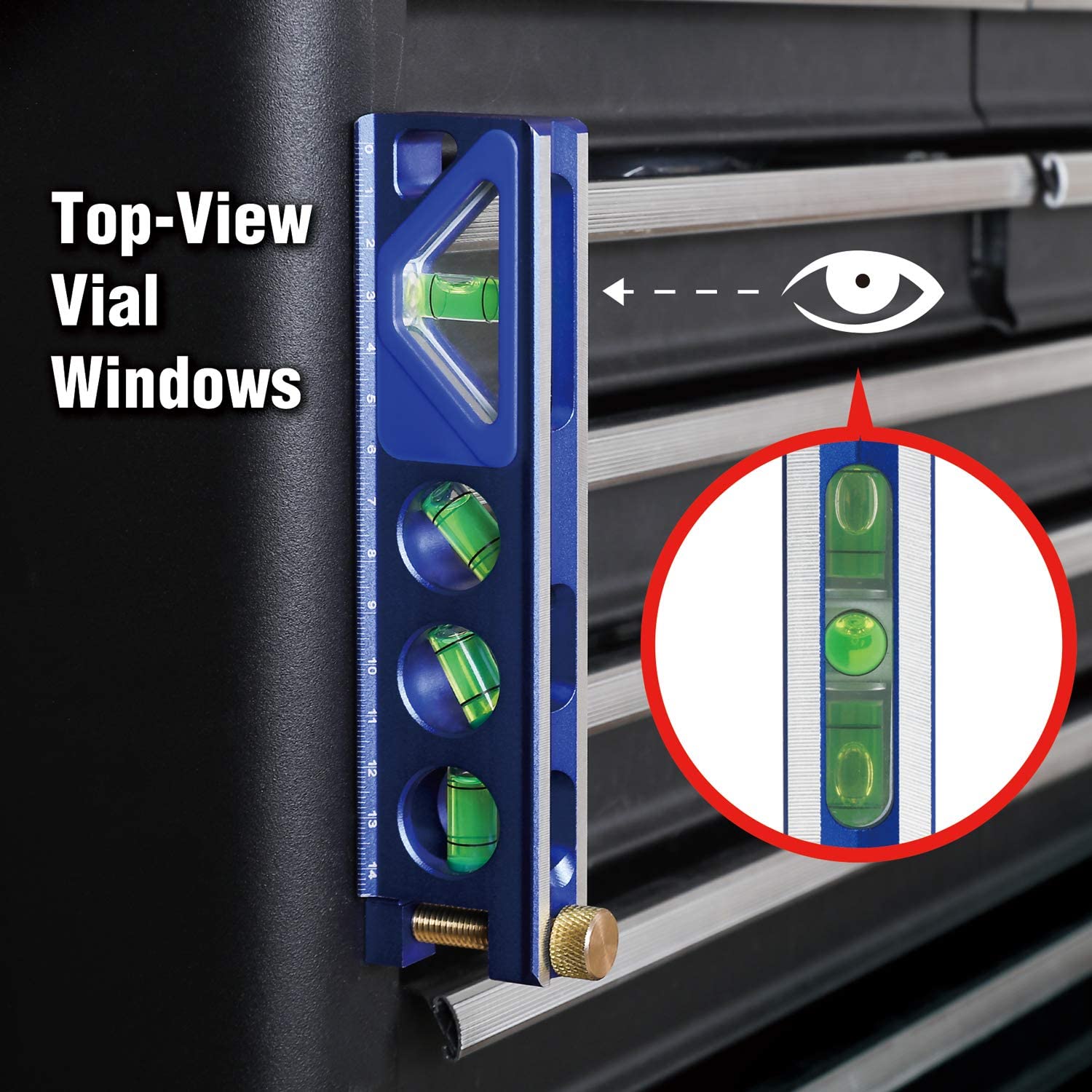 Blue torpedo level with top-view vials window and green bubble vials