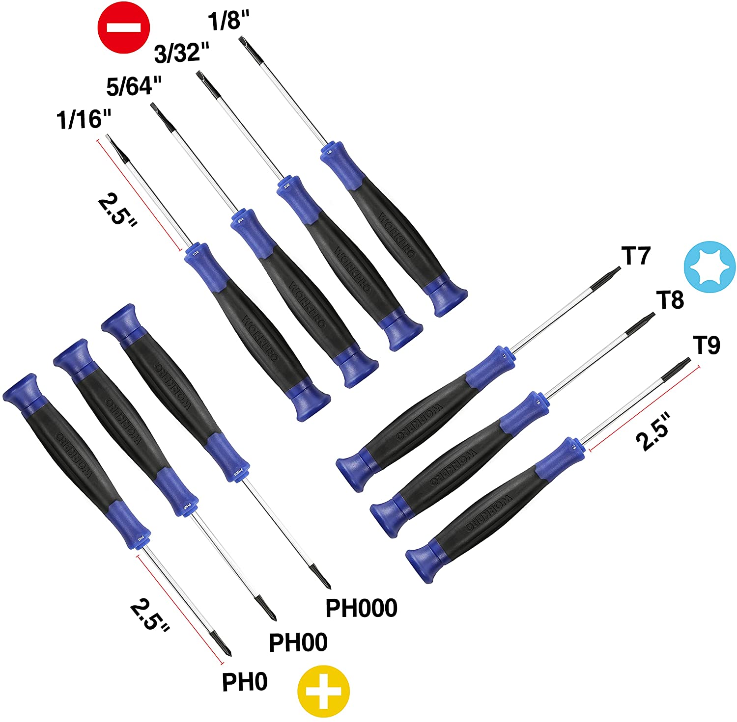 Precision screwdriver set with 10 black-and-blue handles, PH and Torx tip sizes shown