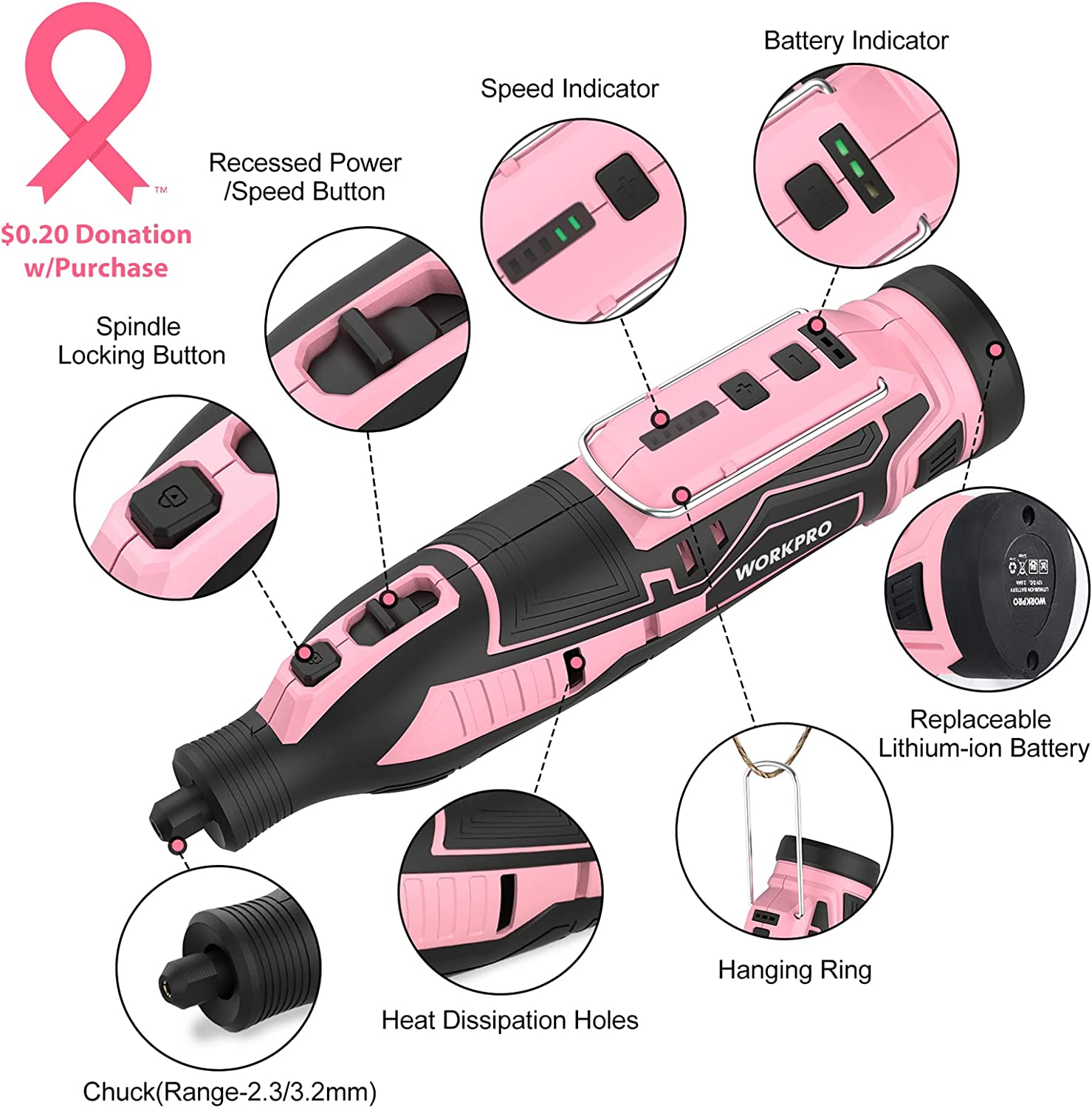 Pink cordless rotary tool with speed and battery indicator features