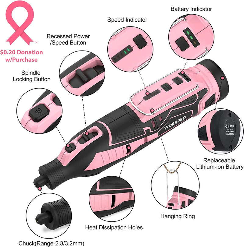 WORKPRO Pink 12V Cordless Rotary Tool Kit, 5 Variable Speeds, 114 Easy Change Accessories