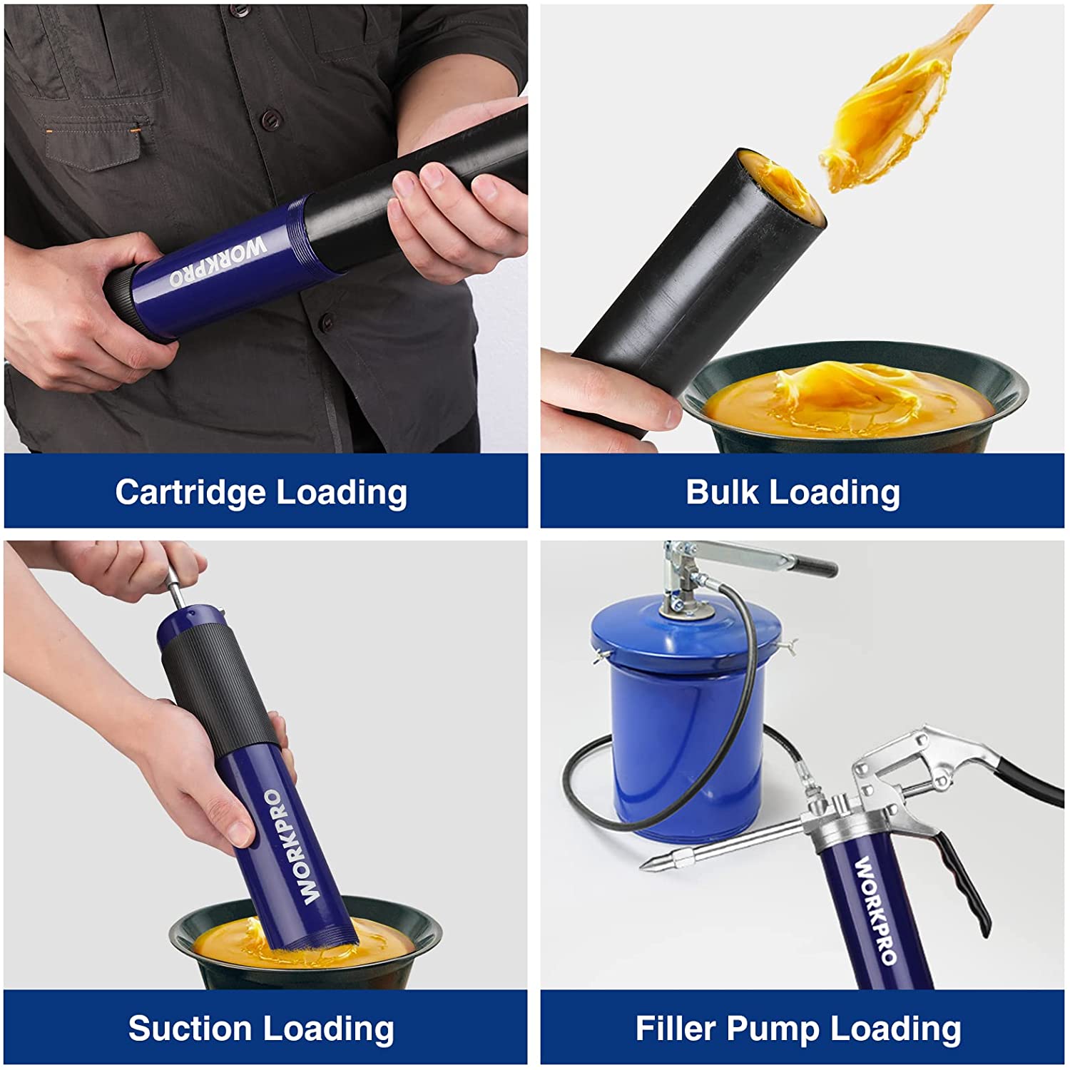 Hands using WORKPRO grease gun to load a blue barrel, black grip, and nozzle tip