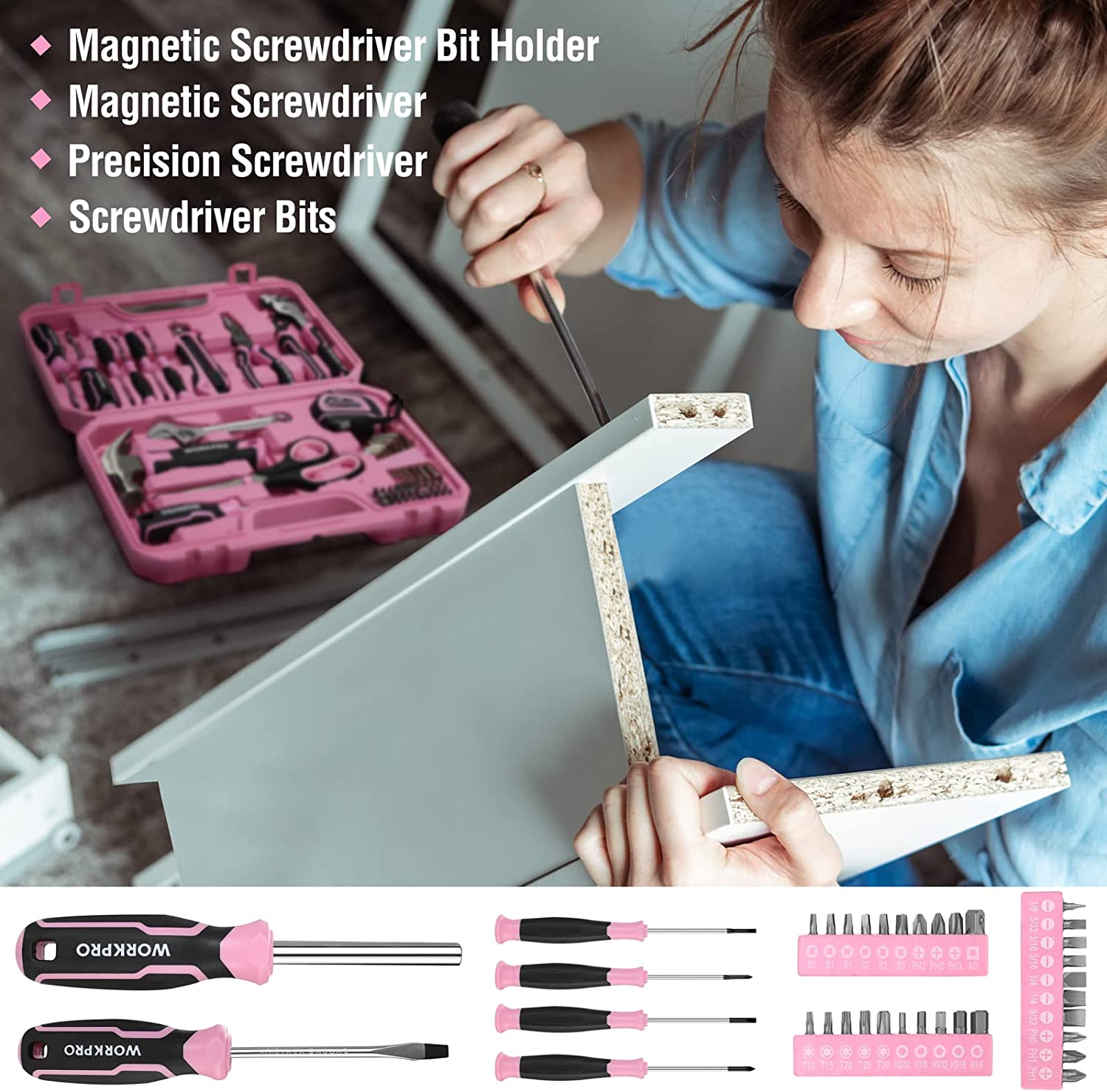 Pink screwdriver bit holder and precision screwdrivers with tools in case