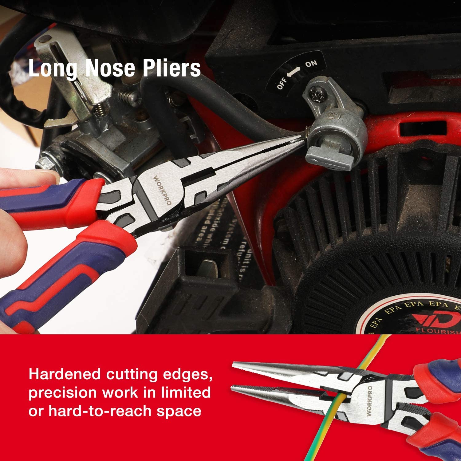 Long nose and wire cutting pliers with red and blue grips, close-up of jaws at work