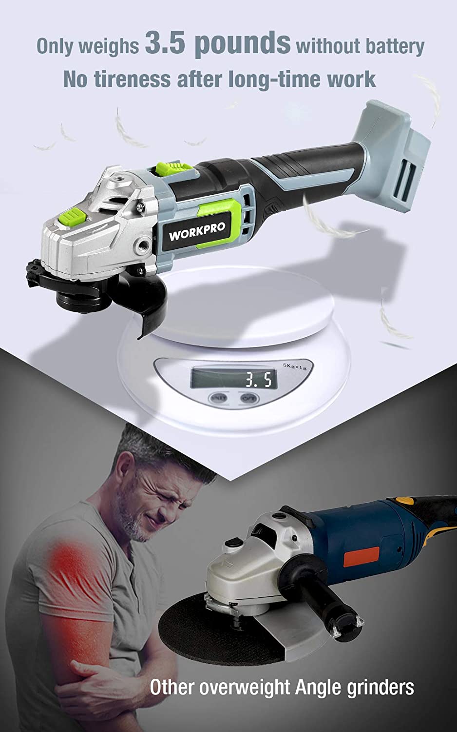 Lightweight cordless angle grinder with side handle and battery removed, compact head