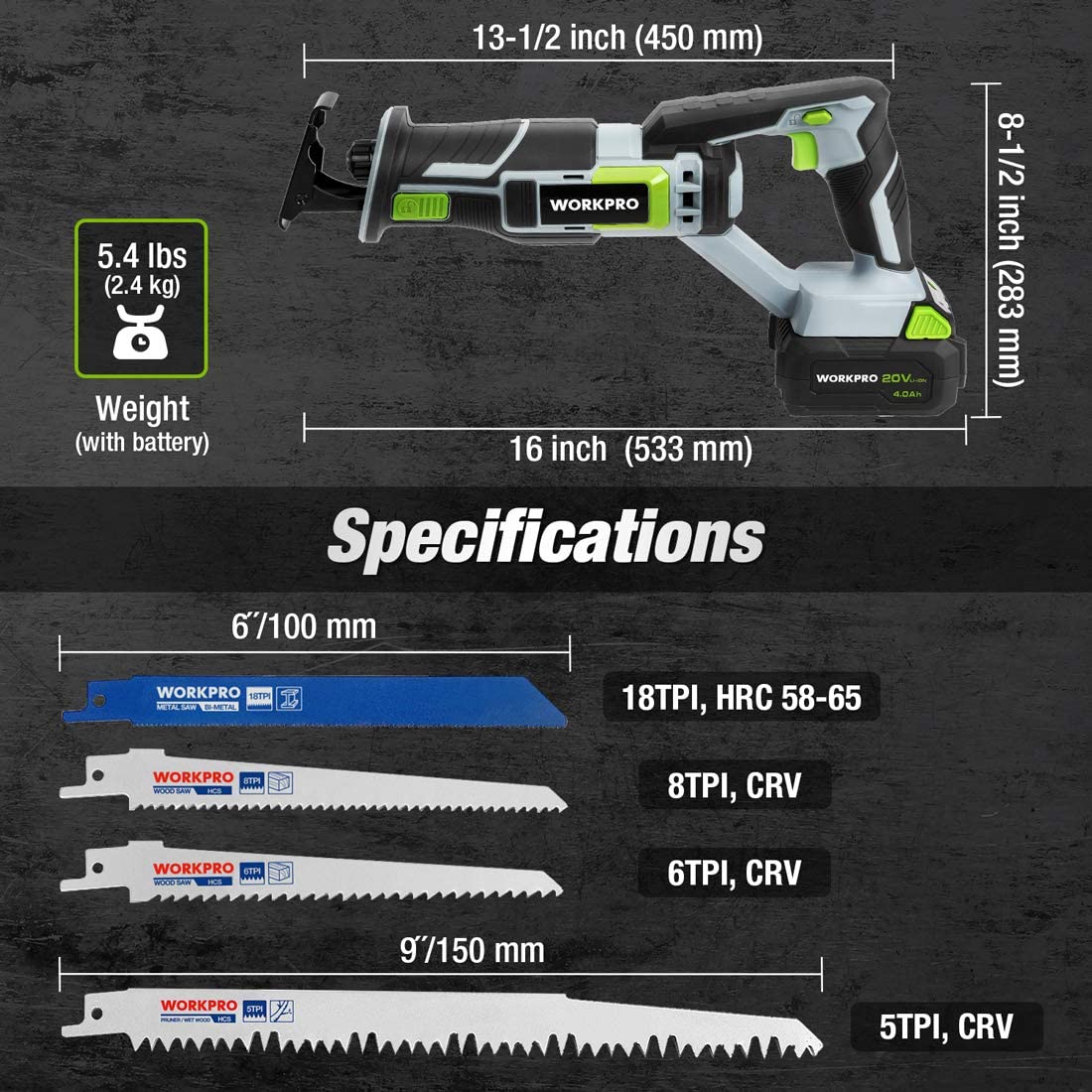 Cordless reciprocating saw showing dimensions and included saw blades