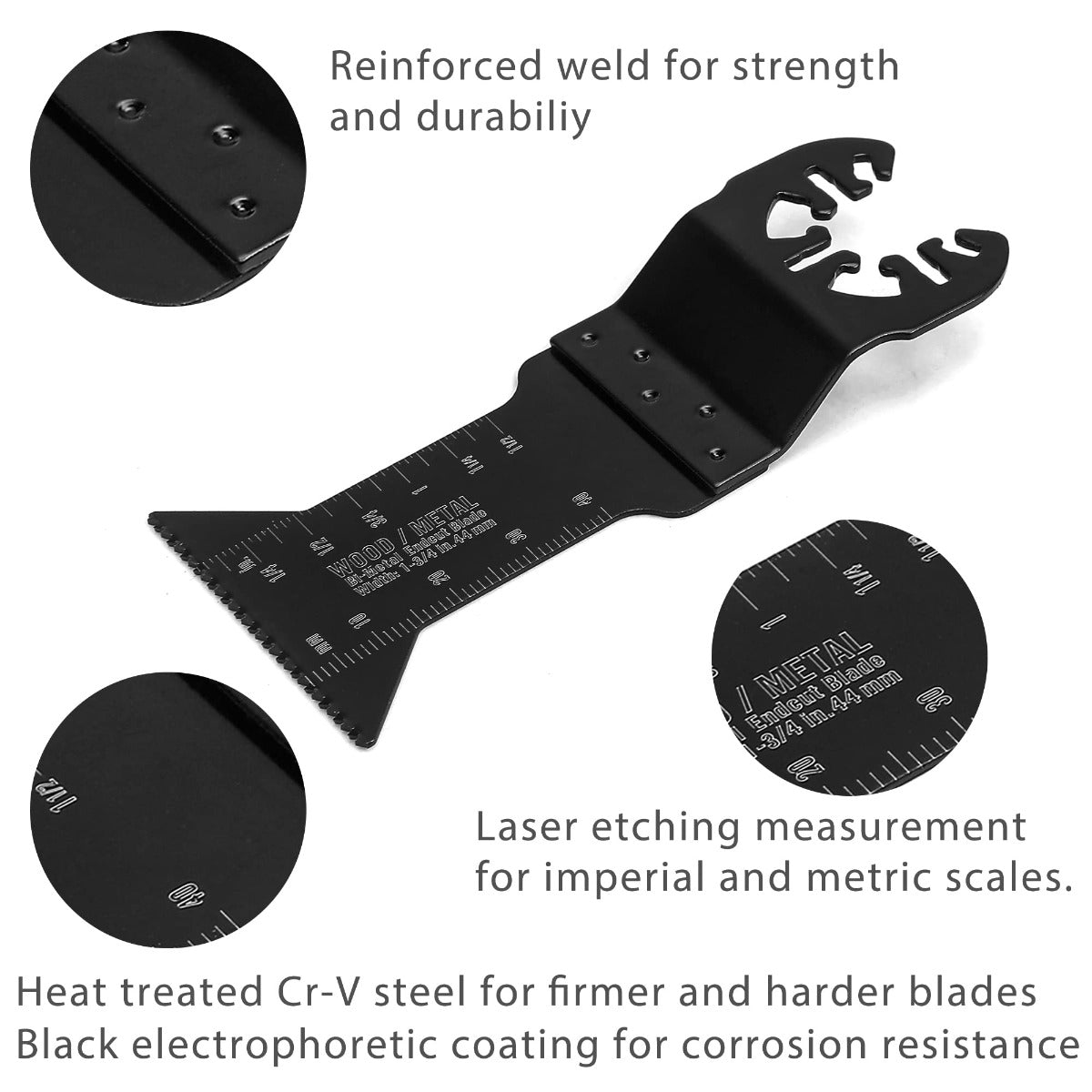 Black oscillating saw blade with measurement markings and heat-treated steel