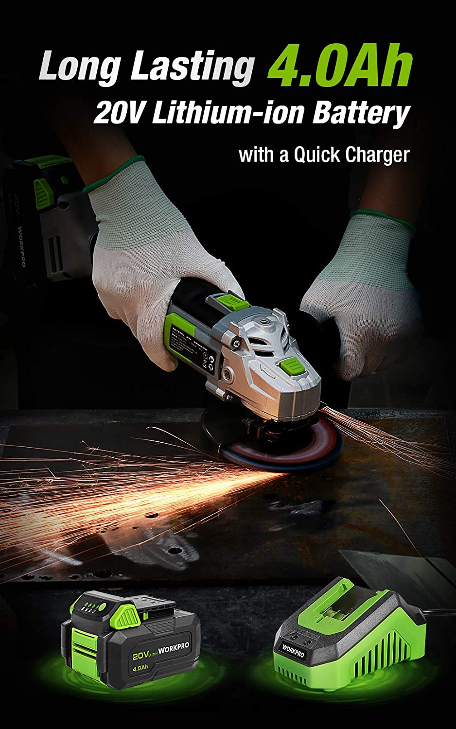 Cordless 4-1/2 in angle grinder kit with 4.0Ah battery and fast charger in use