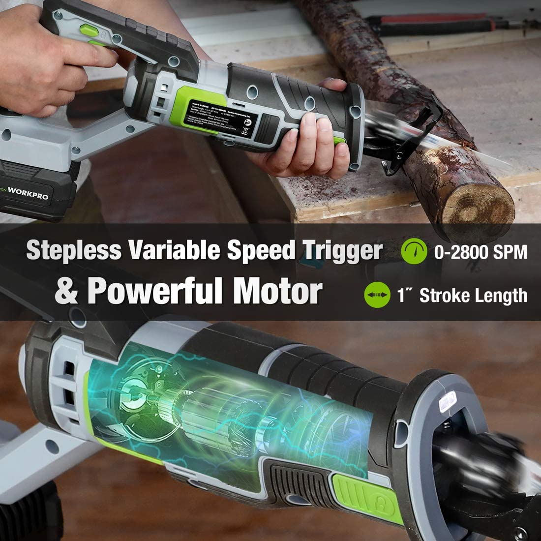 Cordless reciprocating saw with variable speed control cutting a log