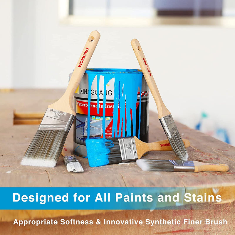 WORKPRO Paint Brushes Set, 5 Pcs Professional Flat and Angle Sash Paint Brush with Wood Handle
