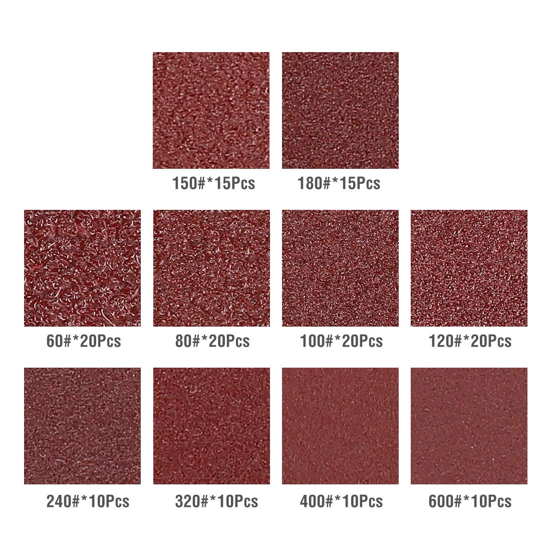 Assorted red sanding discs with different grit labels and multiple-hole patterns