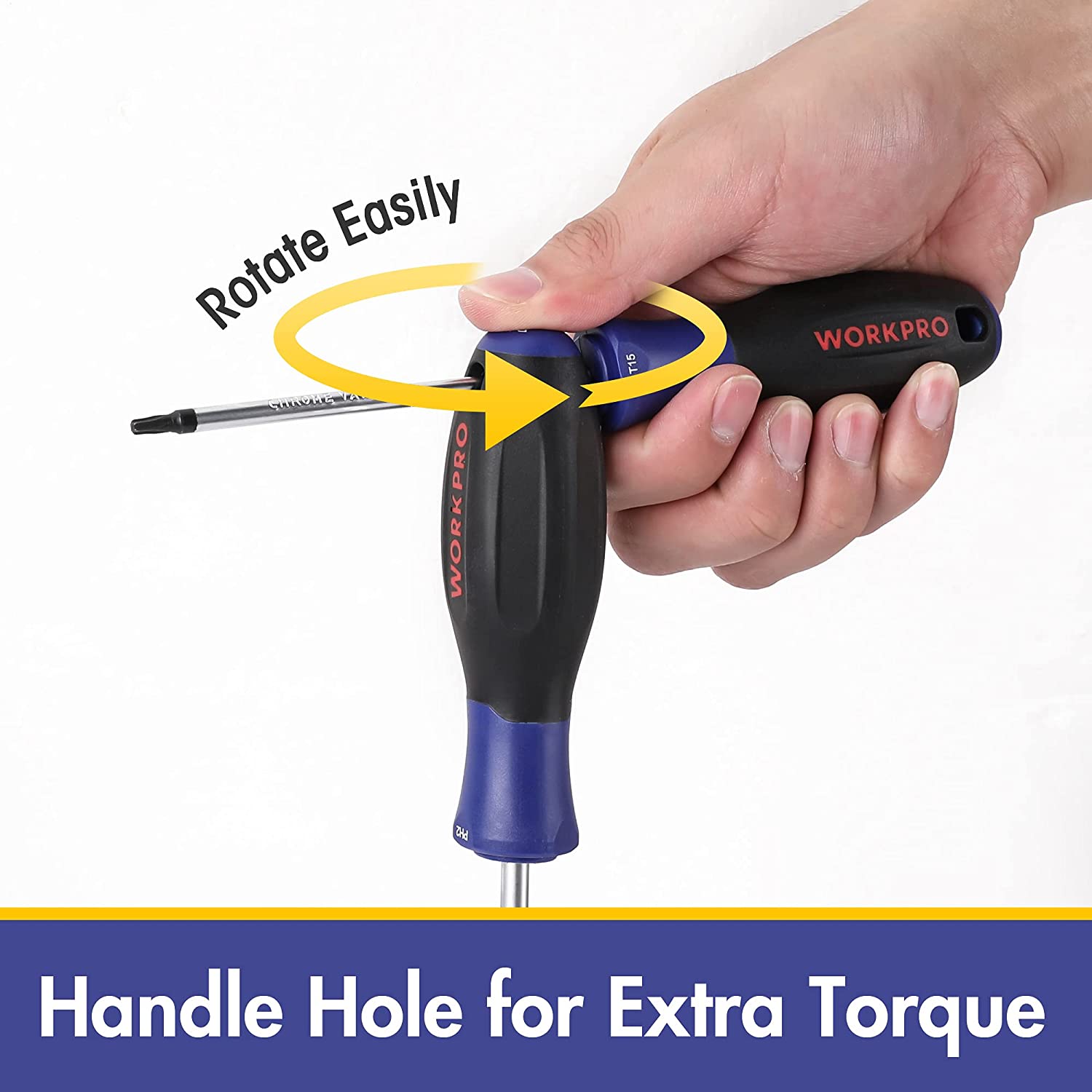 Blue-and-black magnetic screwdriver in hand with handle opening for extra torque