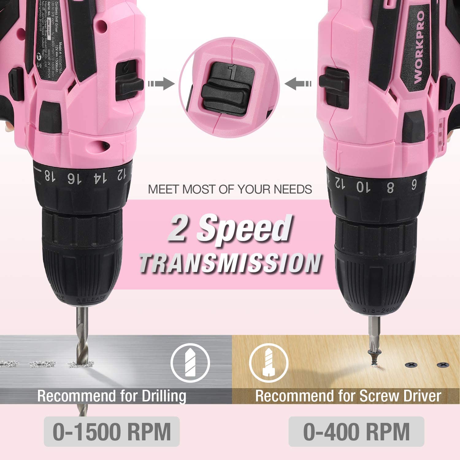 Pink cordless drill showing 2-speed settings and recommended 0-1500 RPM drilling