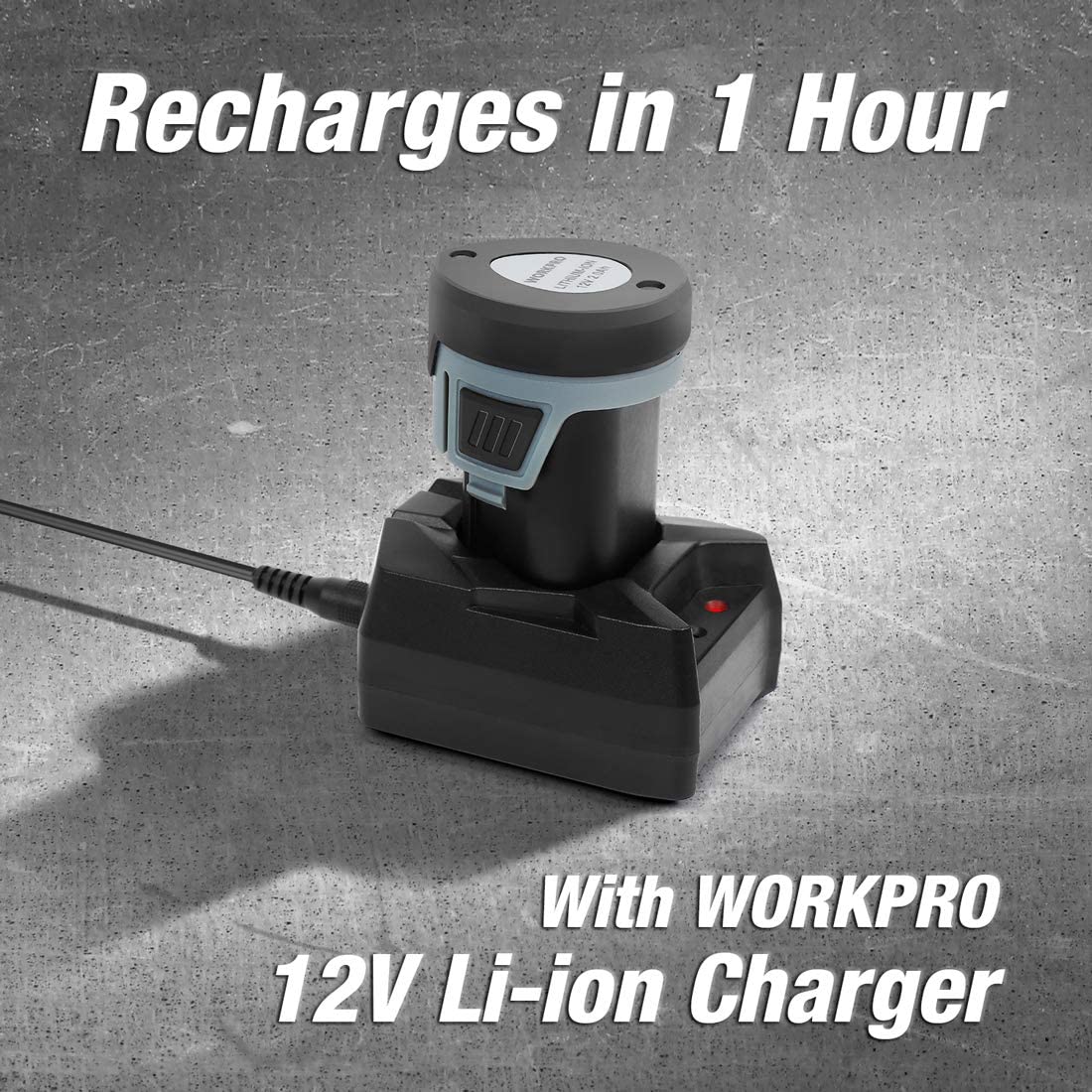 WORKPRO 12V lithium-ion battery pack on charger base, black top and gray body