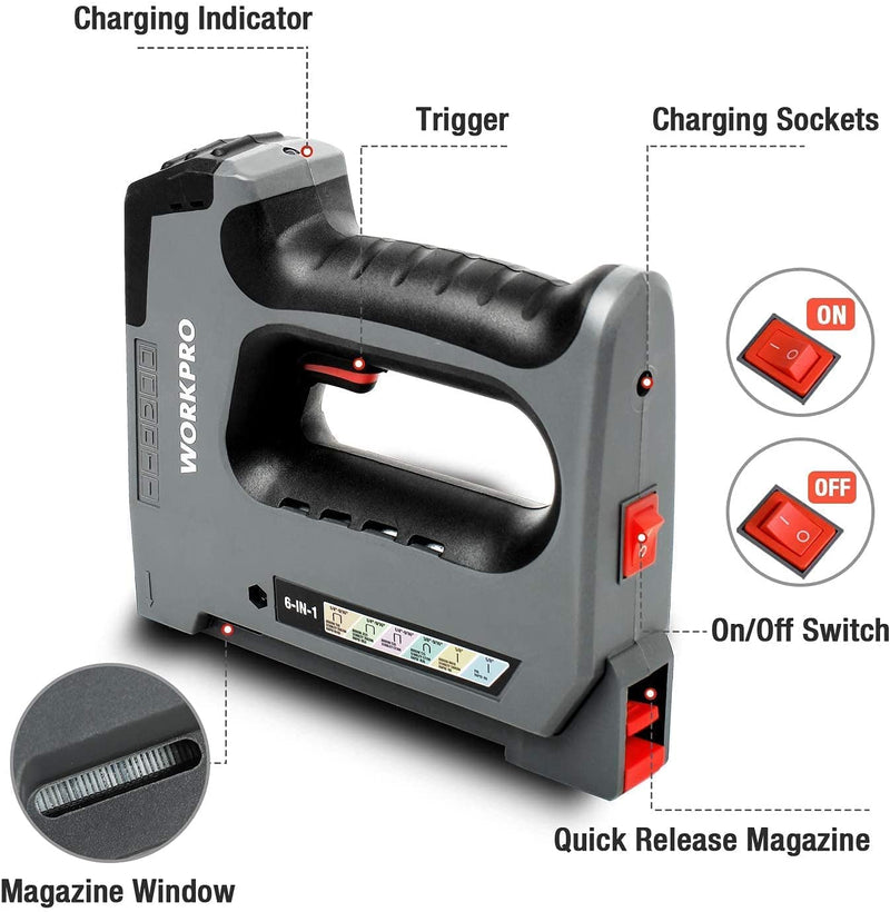 WorkPro 6 in 1 Cordless Staple Gun, 3.6V Rechargeable Electric Stapler, Charger Included, Staples Excluded