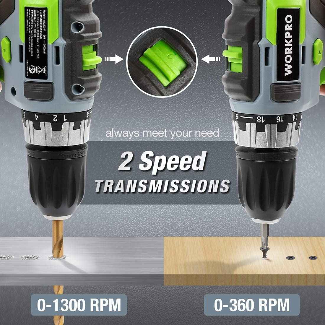 WORKPRO cordless drill/driver showing 2-speed transmissions with drill bits