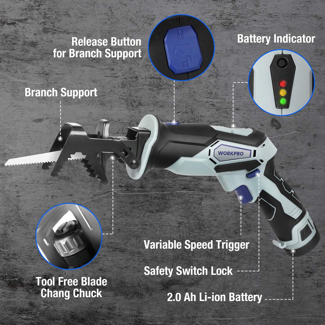 WORKPRO 12V cordless reciprocating saw with clamping jaw and battery pack