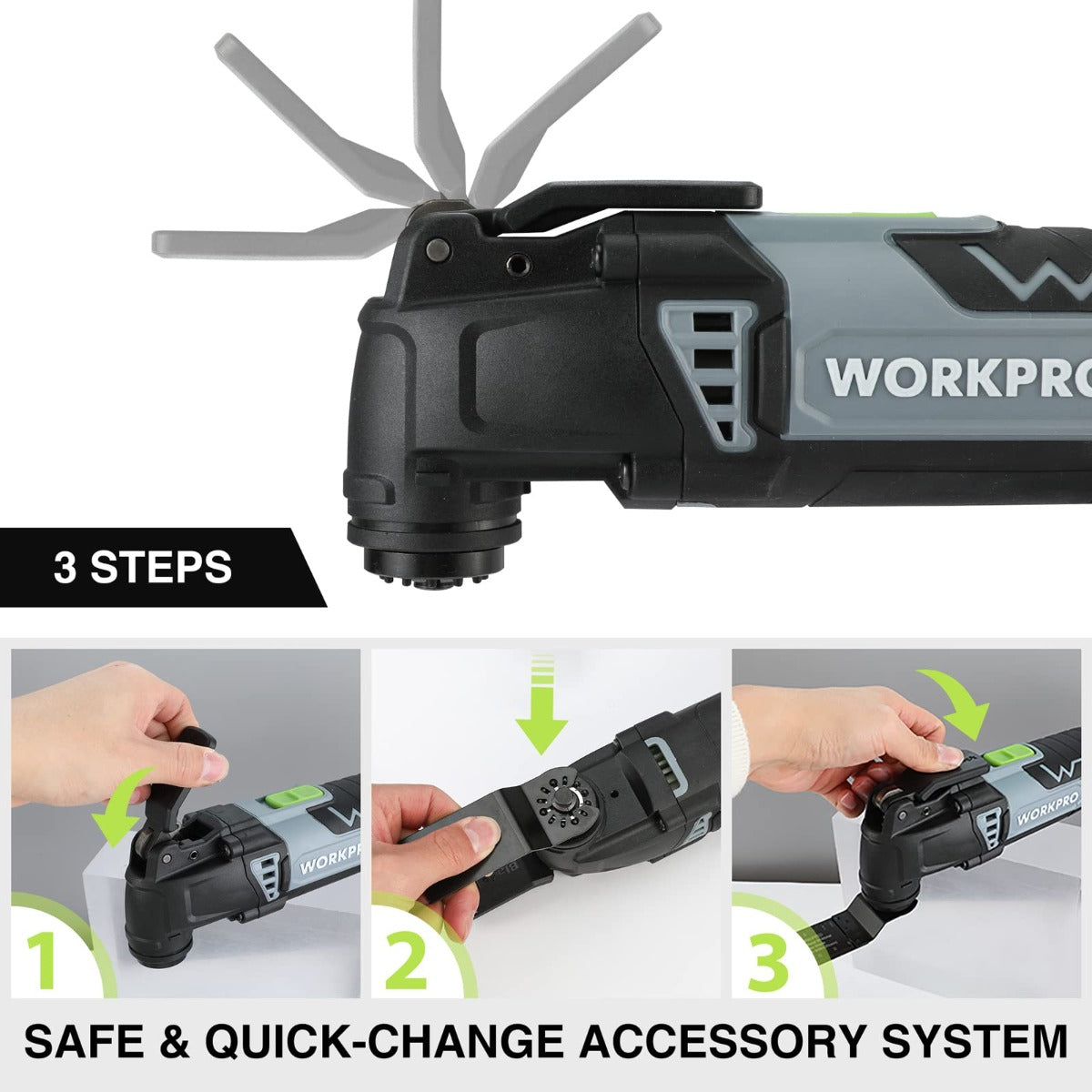 Corded oscillating multi-tool with 3-step quick-change accessory system