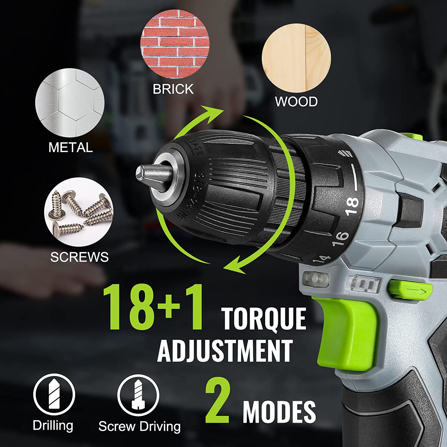 12V cordless drill with adjustable torque collar and green trigger handle, shown with bits