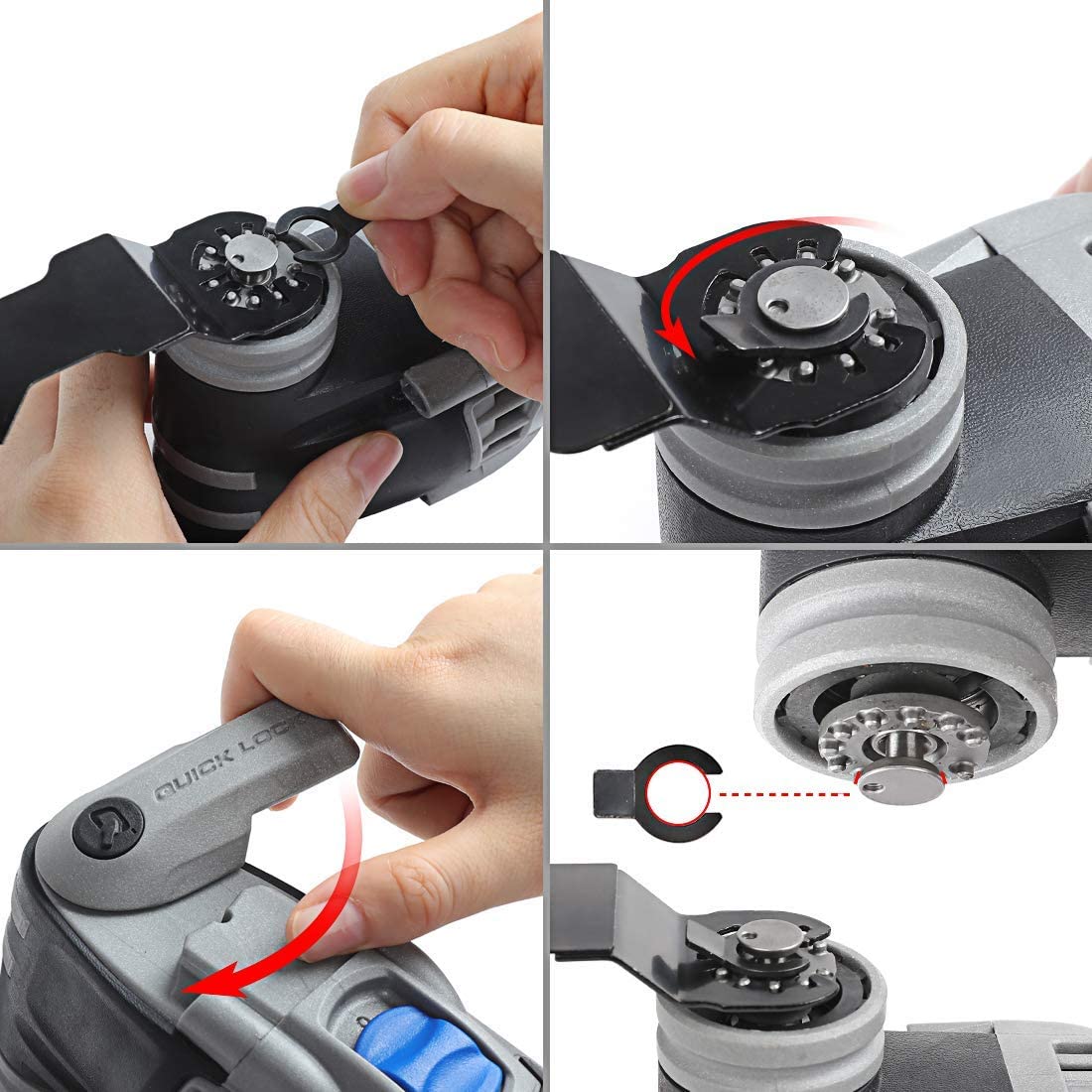 Oscillating saw blade being mounted on a power tool, black multi-tooth blade