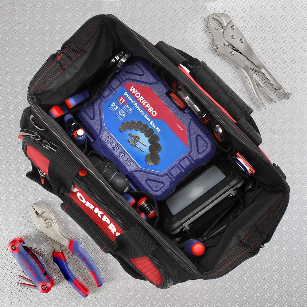 Open tool bag with interior organizer straps and pockets for tools and accessories