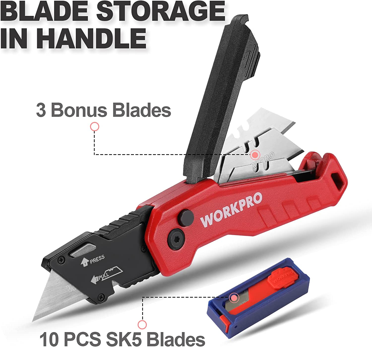 Red folding utility knife with blade storage in handle and included SK5 blades