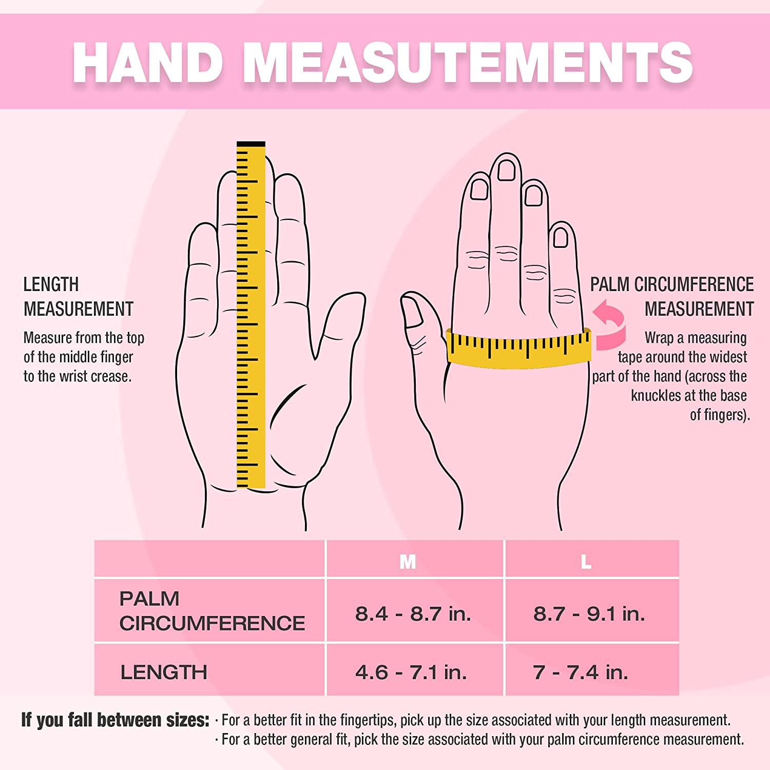 Size chart for pink and black work gloves: palm circumference and length for M/L