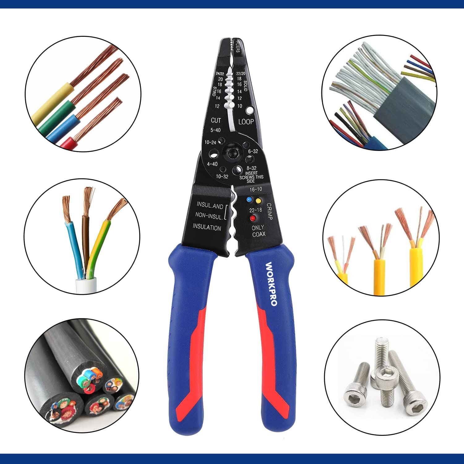 WORKPRO wire stripper pliers with size markings and insulated-wire examples
