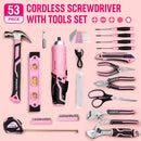 WORKPRO 55 Pcs Pink Tools Set, 3.7V Rotatable Cordless Screwdriver and Household Tool Kit - Pink Ribbon (W)