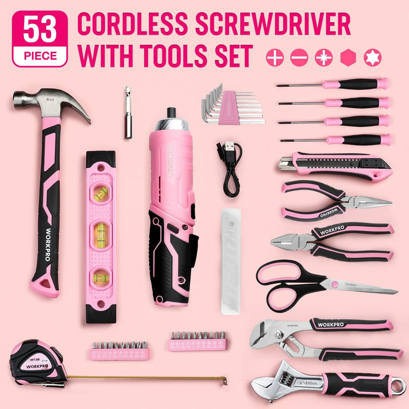 WORKPRO 55 Pcs Pink Tools Set, 3.7V Rotatable Cordless Screwdriver and Household Tool Kit