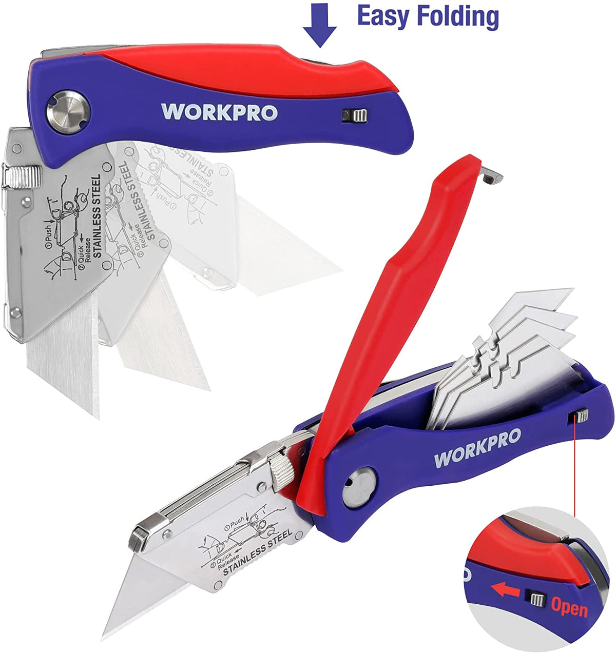 Folding utility knife with red slider and blue/purple handle, shown open with blades