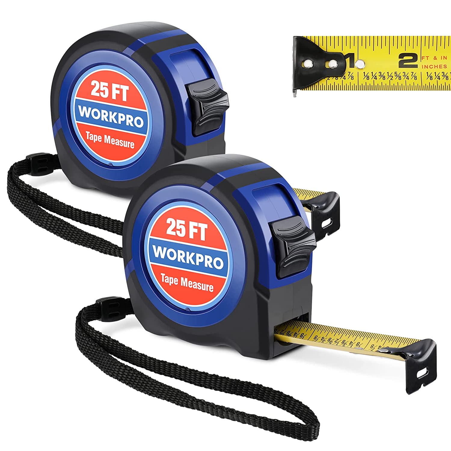 WORKPRO 25-ft tape measure with black strap and extended yellow measuring tape