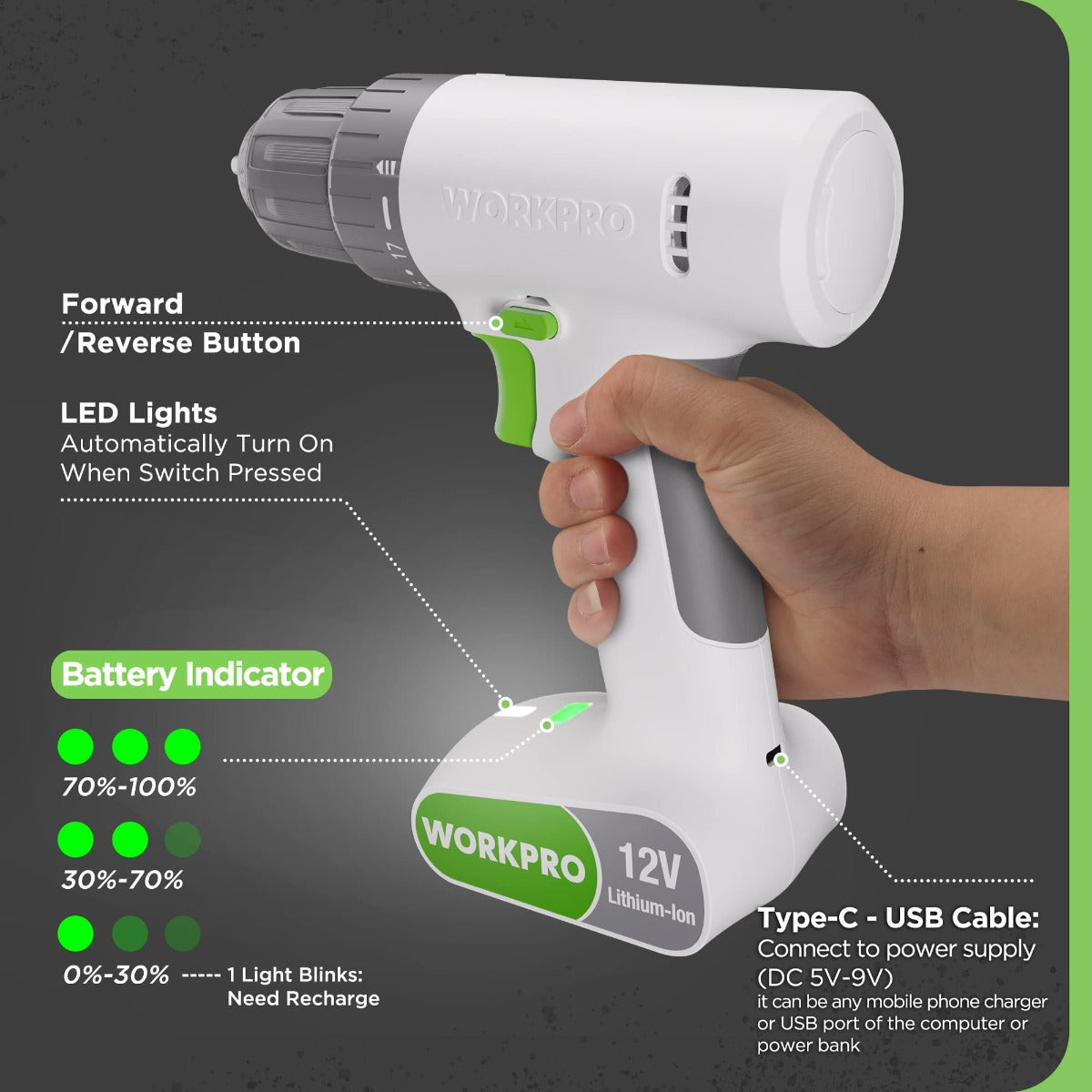 White and green 12V cordless drill driver with LED light, battery indicator, and USB-C port