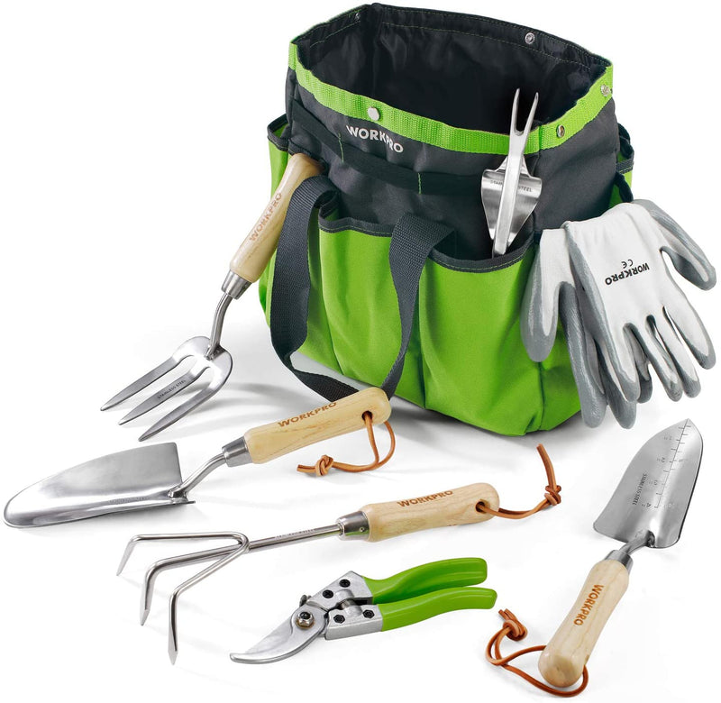 garden tool set with seat WORKPRO 8 Pcs Stainless Steel Heavy Duty Garden Tools Set