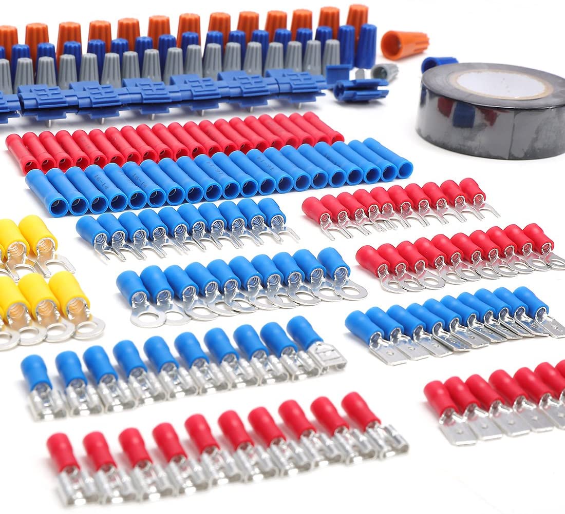 Assorted color crimp terminals with heat-shrink sleeves and metal pins, multiple rows.